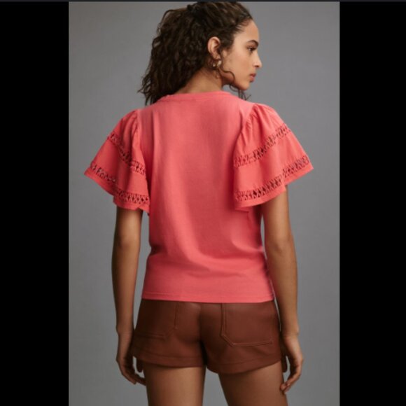 Brand New Self Contrast Flutter-Sleeve Cutwork Top - Picture 2 of 7